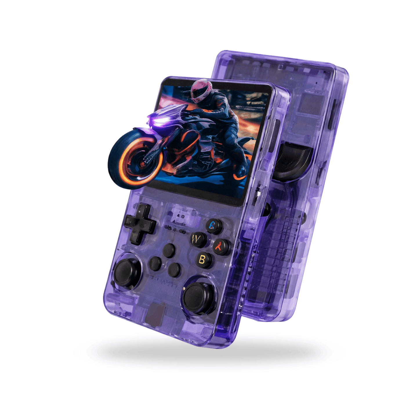 Paarse transparante handheld gameconsole met ingebouwde knoppen en scherm met motorfietsgame in actie.