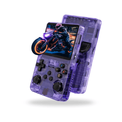 Paarse transparante handheld gameconsole met ingebouwde knoppen en scherm met motorfietsgame in actie.