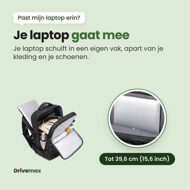Een laptop die in het eigen laptopvak van de Pakova rugzak schuift, voor een laptop tot 39,6 cm (15,6 inch), apart van je kleding en je schoenen