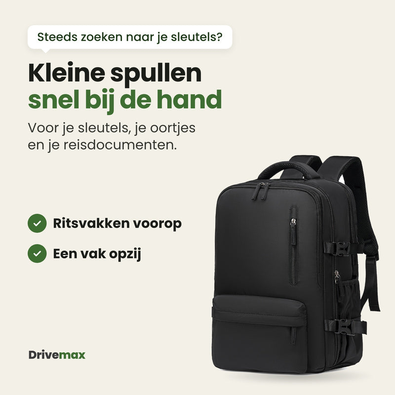 De Pakova rugzak met ritsvakken voorop en een vak opzij voor je sleutels, je oortjes en je reisdocumenten