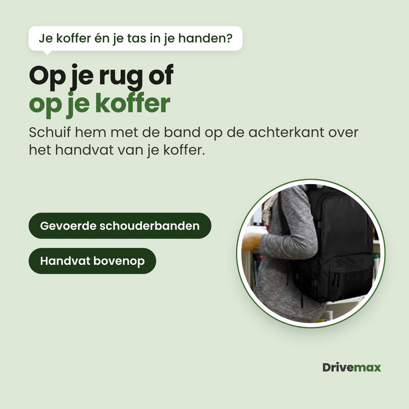 Iemand draagt de Pakova rugzak op de rug, met gevoerde schouderbanden en een handvat bovenop; met de band op de achterkant schuif je hem over het handvat van je koffer