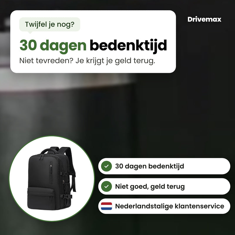 De Pakova reisrugzak in een cirkel, met 30 dagen bedenktijd, niet goed geld terug en Nederlandstalige klantenservice