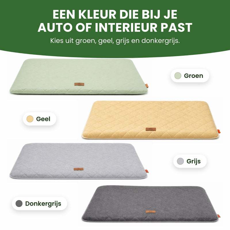 PawCloud hondenmat in vier kleuren: groen, geel, grijs en donkergrijs: een kleur die bij je auto of interieur past