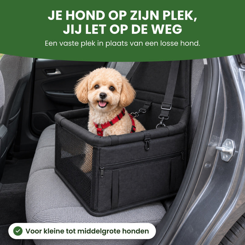 Klein hondje zit in de zwarte PawComfort op de achterbank van een geparkeerde auto: je hond op zijn plek, jij let op de weg