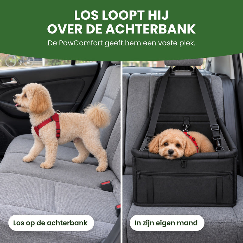 Links een hondje los op de achterbank, rechts hetzelfde hondje rustig in de PawComfort op de achterbank: zo heeft hij een vaste plek