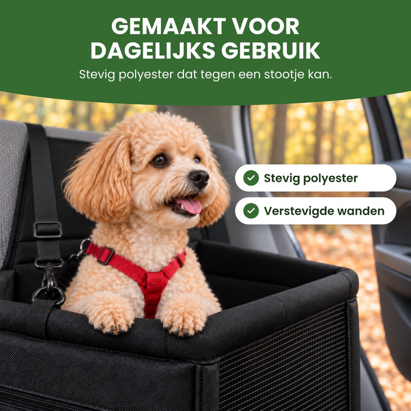 Hondje staat met zijn voorpoten op de dikke rand van de PawComfort, de mand houdt zijn vorm: gemaakt voor dagelijks gebruik