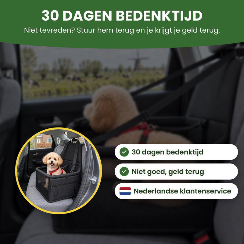 Hondje in de PawComfort hondenmand op de achterbank, met 30 dagen bedenktijd, niet goed geld terug en Nederlandse klantenservice