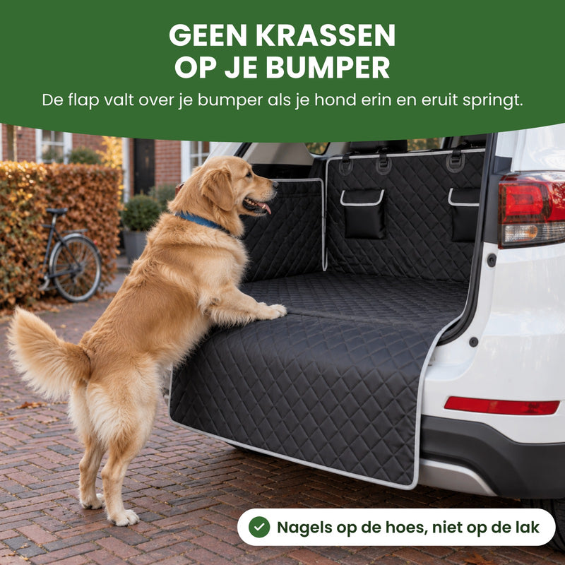 Hond zet zijn voorpoten op de flap van de PawCover die over de bumper hangt: geen krassen op je bumper
