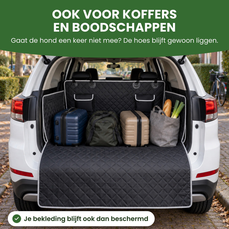 Koffers, een sporttas en een boodschappentas op de PawCover in de kofferbak: ook voor koffers en boodschappen