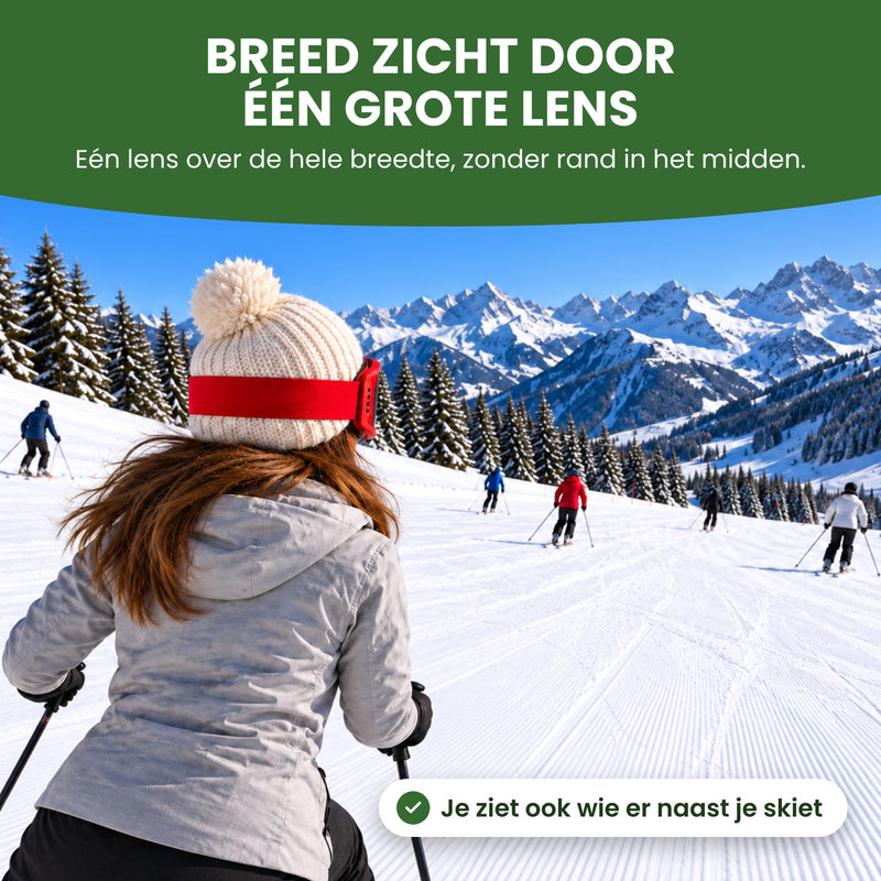 Skiester van achteren op een drukke piste met de Pistova op: breed zicht door één grote lens, je ziet ook wie er naast je skiet
