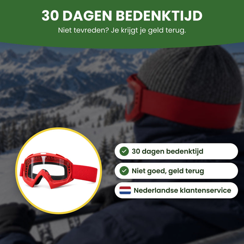 De Pistova skibril in een cirkel, met Nederlandse klantenservice: 30 dagen bedenktijd, niet goed geld terug