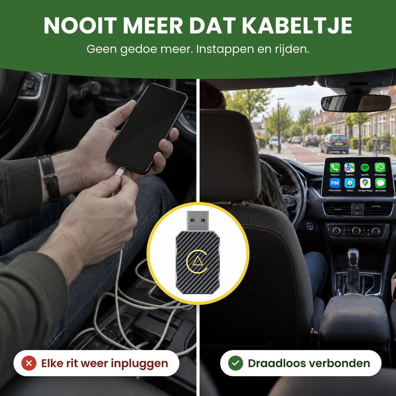 PlugWave draadloze CarPlay-adapter: links een telefoon aan de kabel, rechts CarPlay op het autoscherm zonder kabel