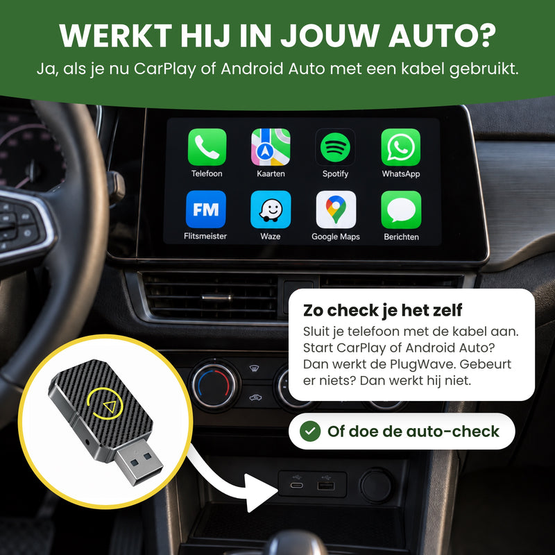 Werkt de PlugWave in jouw auto? Autoscherm met CarPlay-apps en de uitleg: werkt als je auto CarPlay of Android Auto via een kabel heeft