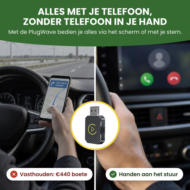Telefoon vasthouden achter het stuur kost €440 boete; met de PlugWave bedien je alles via het autoscherm of met je stem