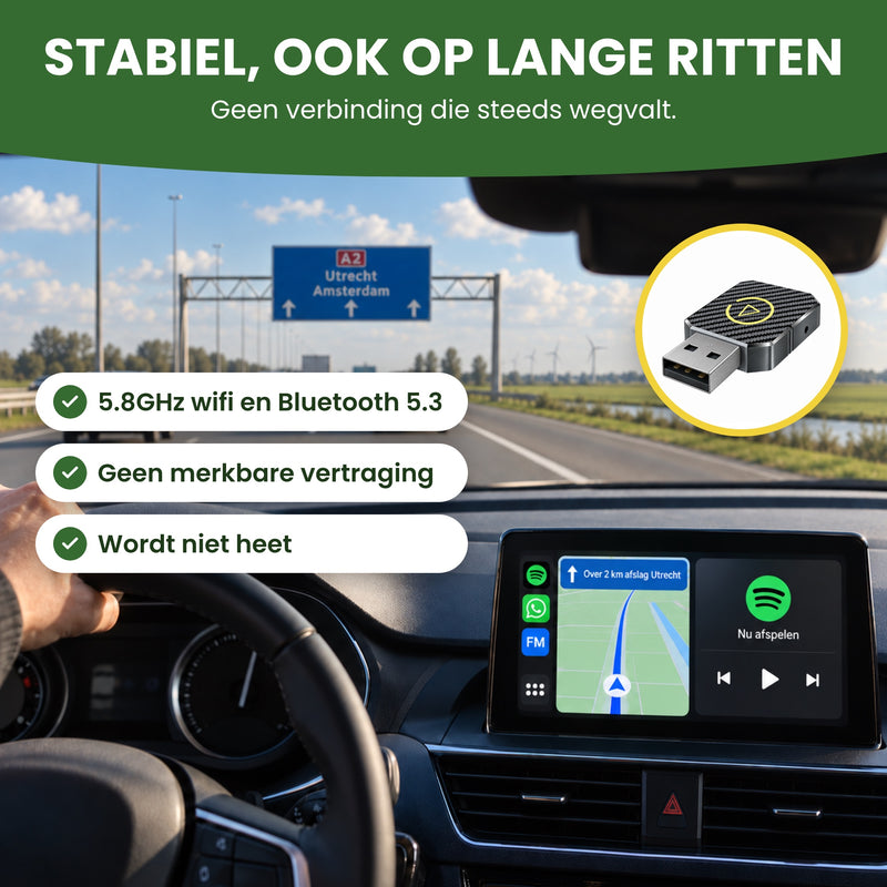 PlugWave met 5.8GHz wifi en Bluetooth 5.3: navigatie en Spotify op het autoscherm op de snelweg