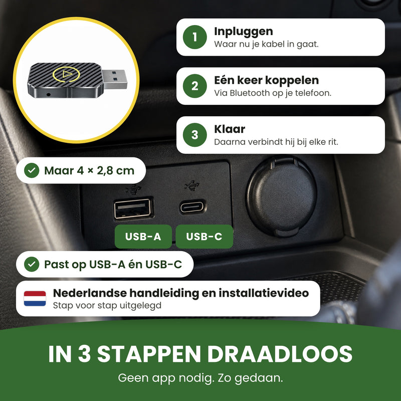 PlugWave installeren in 3 stappen: inpluggen in de usb-poort, één keer koppelen via Bluetooth en klaar; past op USB-A en USB-C