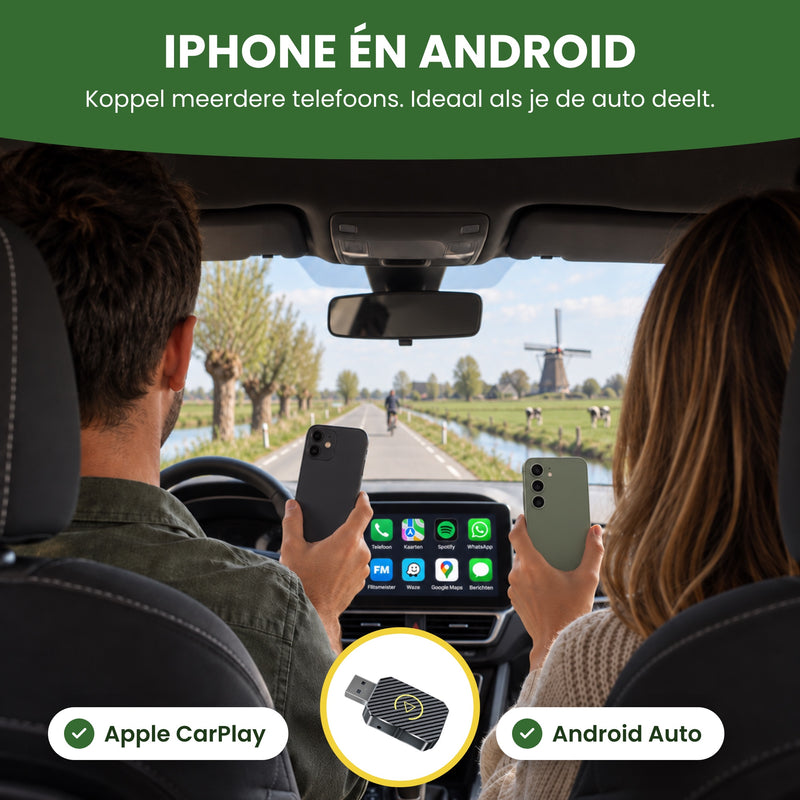 PlugWave werkt met iPhone en Android: twee telefoons in de auto en CarPlay-apps op het autoscherm