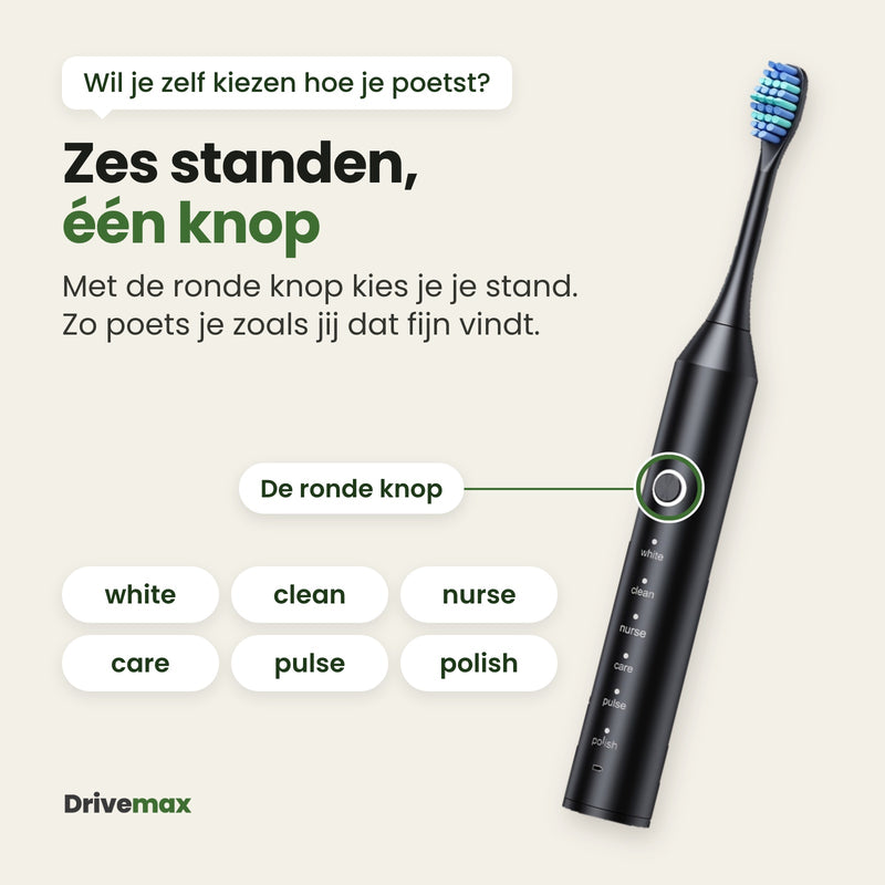 De Poetsova elektrische tandenborstel met de ronde knop en de zes standen op het handvat: white, clean, nurse, care, pulse en polish.