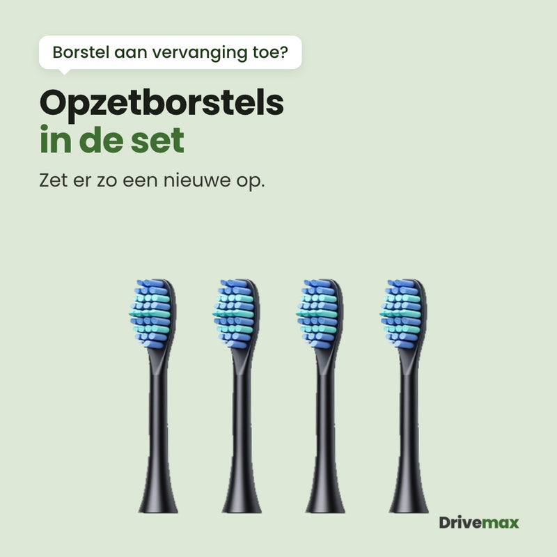 Losse zwarte opzetborstels van de Poetsova elektrische tandenborstel, met blauwe en mintgroene borstelharen.