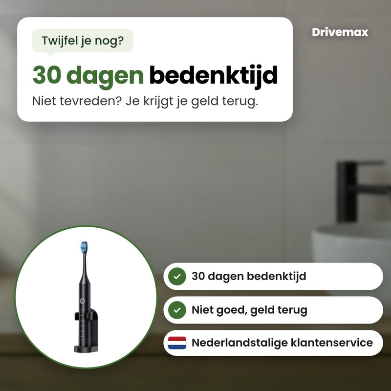 De Poetsova elektrische tandenborstel in een cirkel, met 30 dagen bedenktijd, niet goed geld terug en Nederlandstalige klantenservice.