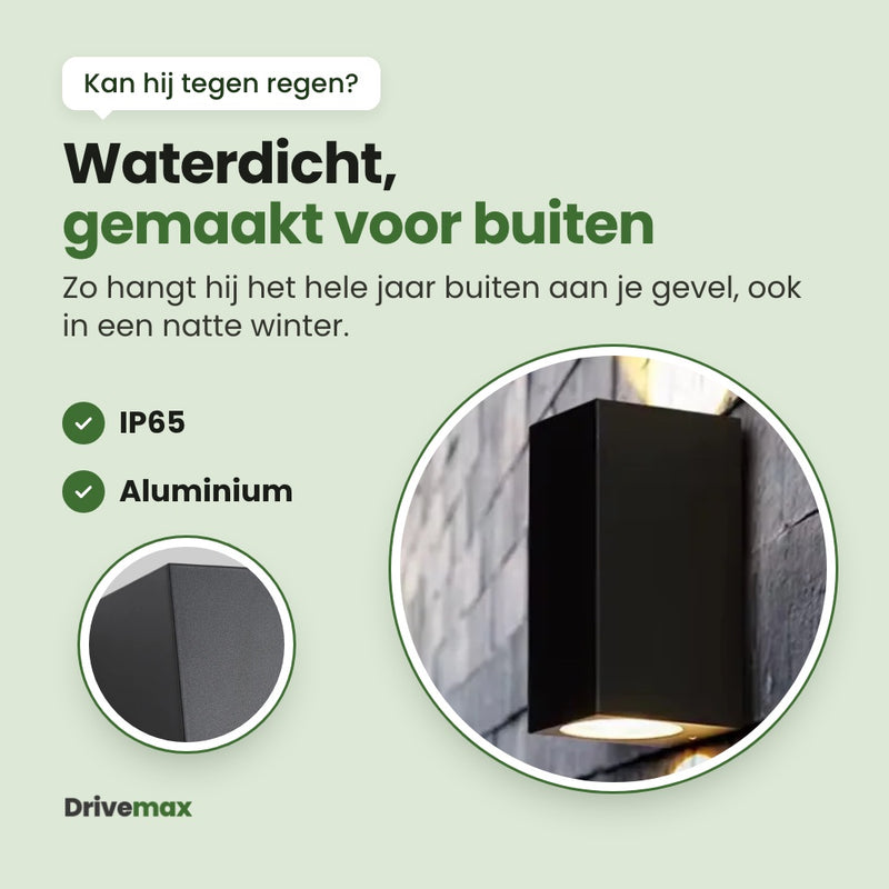 De Portova van opzij aan een stenen buitenmuur, met licht omhoog en omlaag, en de aluminium behuizing van dichtbij: waterdicht (IP65), gemaakt voor buiten, het hele jaar aan je gevel