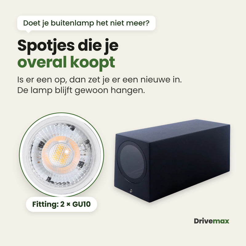 De Portova liggend, met het ronde glas naar een GU10-spotje: er gaan twee standaard GU10-spotjes in die je overal koopt; is er een op, dan zet je er een nieuwe in