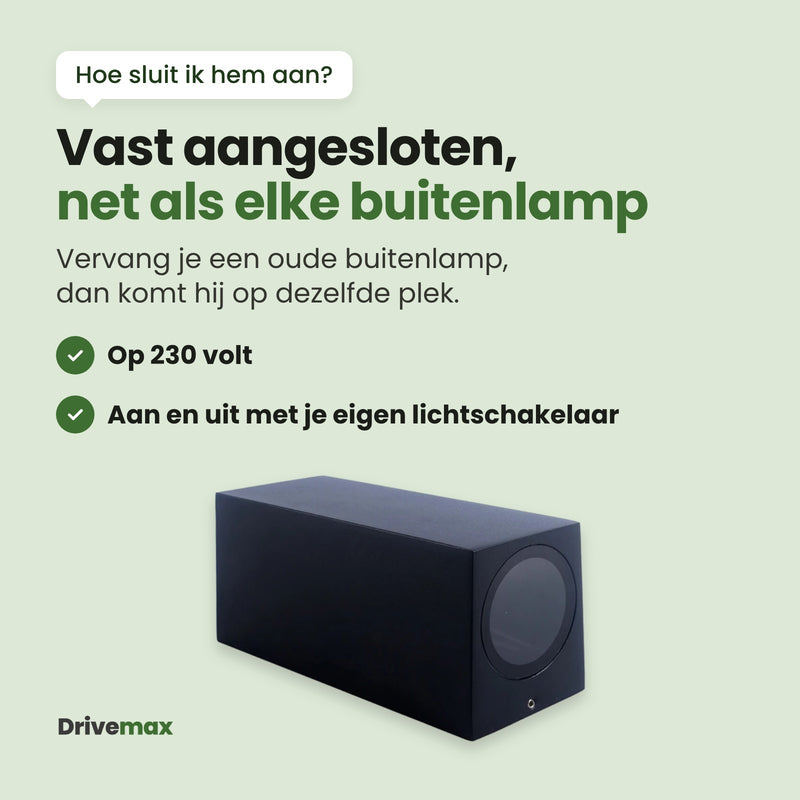 De Portova buitenlamp: vast aangesloten op 230 volt, net als elke buitenlamp, op de plek van je oude lamp; aan en uit met je eigen lichtschakelaar