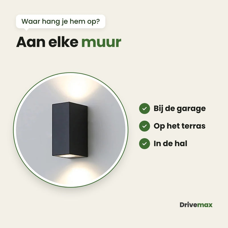 De Portova schuin van rechts aan een lichte muur, met licht omhoog en omlaag: aan elke muur, bij de garage, op het terras of in de hal