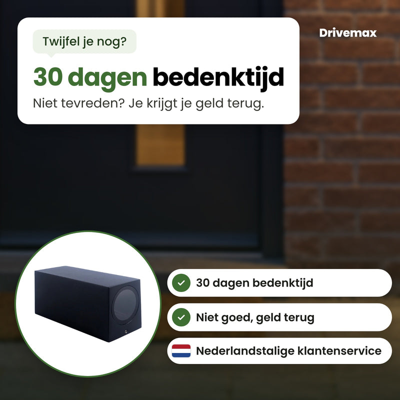 De Portova buitenlamp in een cirkel, met Nederlandstalige klantenservice: 30 dagen bedenktijd, niet goed geld terug