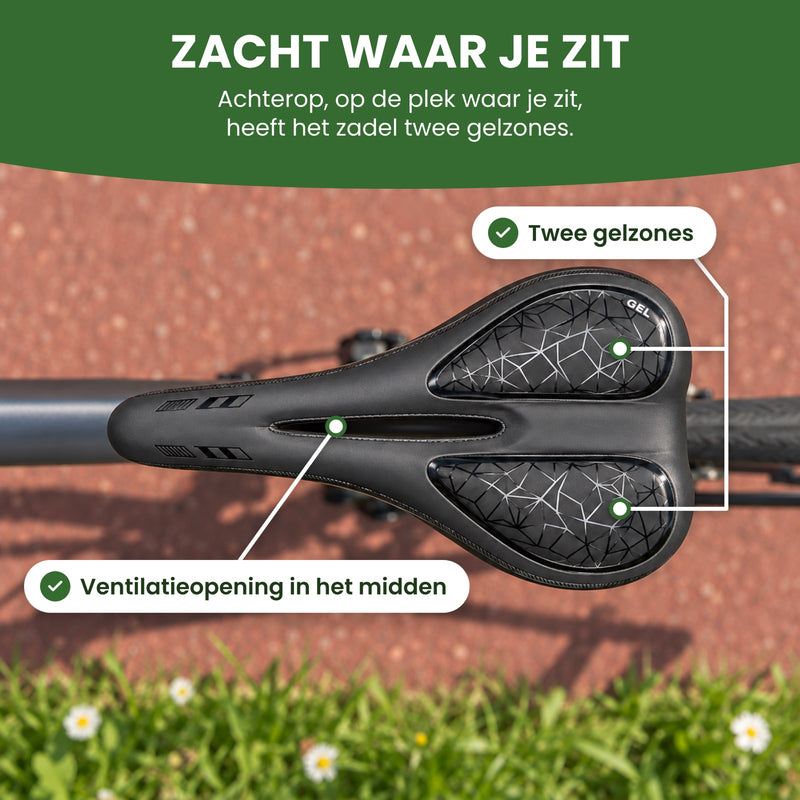 ProSeat zadel recht van boven op een fiets, met de twee gelzones en de ventilatieopening in het midden aangewezen: zacht waar je zit