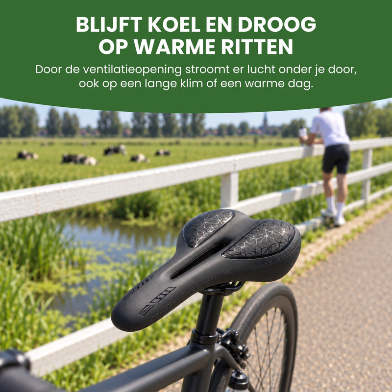 Racefiets met het ProSeat zadel bij een wit bruggetje in de polder op een zomerse dag: blijft koel en droog op warme ritten