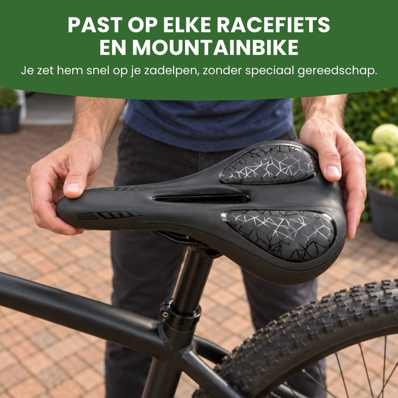 Twee handen zetten het ProSeat zadel recht op een mountainbike op een oprit: past op elke racefiets en mountainbike
