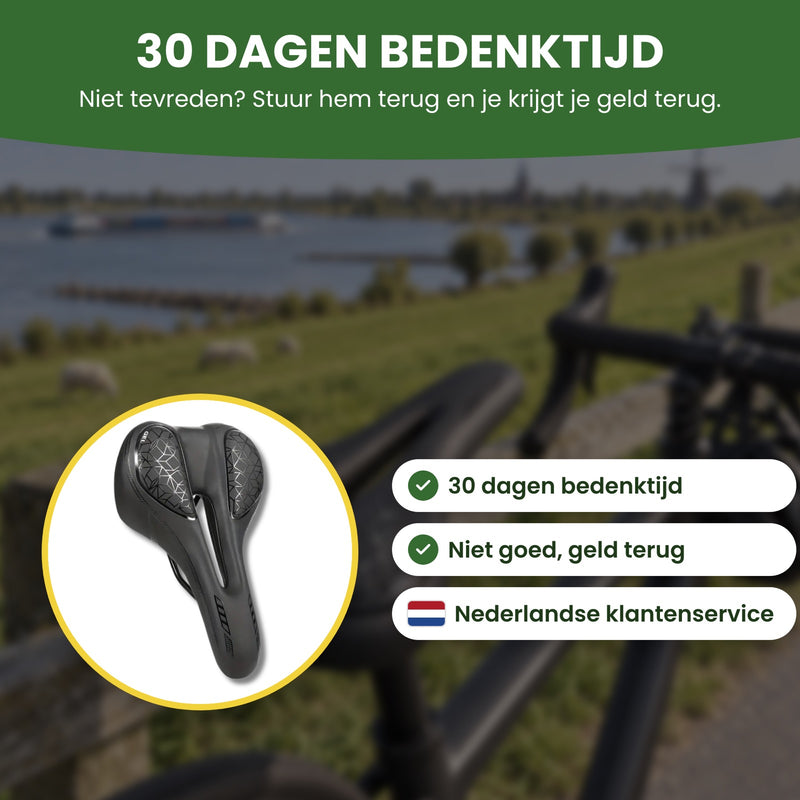 ProSeat fietszadel in een cirkel, met 30 dagen bedenktijd, niet goed geld terug en Nederlandse klantenservice