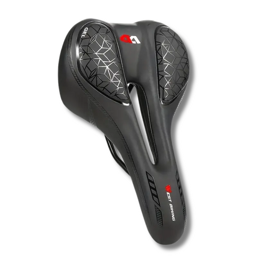 Ergonomisch zwart fietszadel met gelpadding en uitsparing, ideaal voor racefietsen en lange ritten.