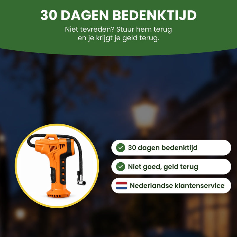 PumpMax elektrische bandenpomp met 30 dagen bedenktijd, niet goed geld terug en Nederlandse klantenservice