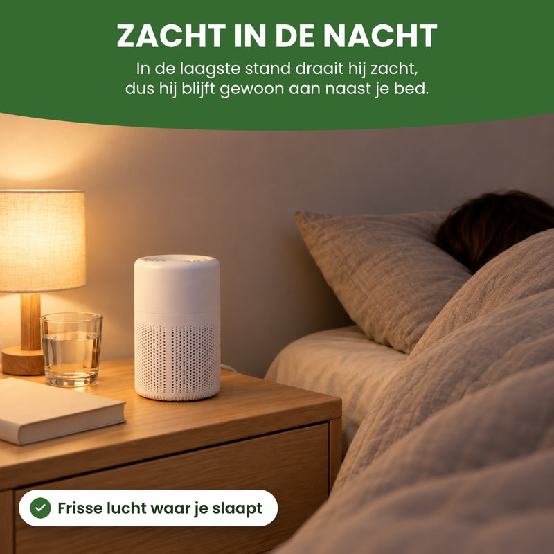 De Purova 's avonds op het nachtkastje naast het bed: in de laagste stand draait hij zacht, dus hij blijft gewoon aan