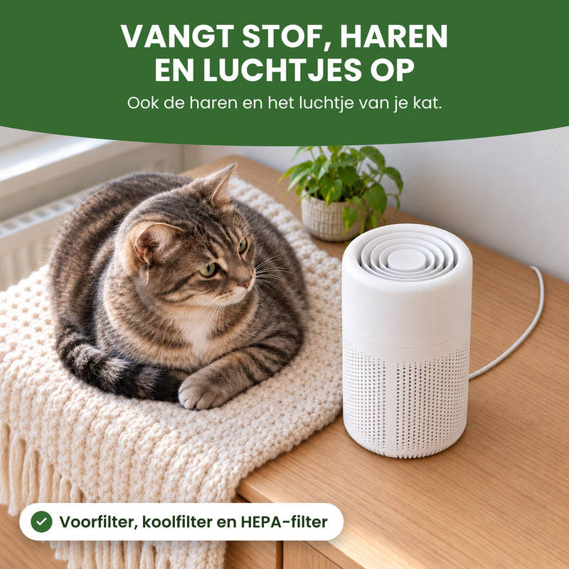 Kat op een deken naast de Purova: drie filterlagen vangen stof, haren en luchtjes op, ook van je kat