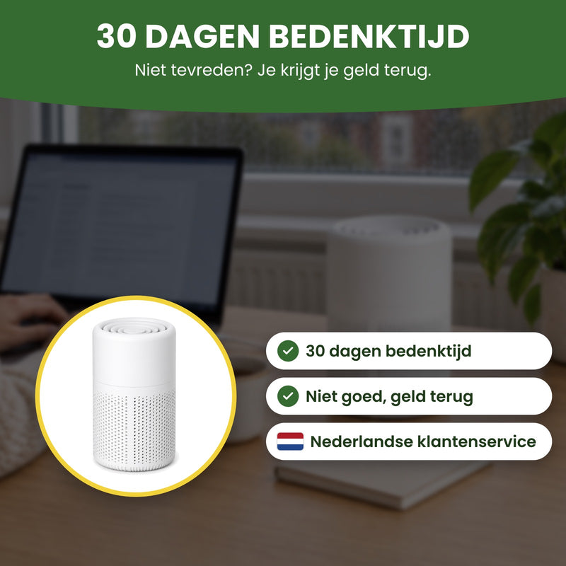 De Purova luchtreiniger in een cirkel, met Nederlandse klantenservice: 30 dagen bedenktijd, niet goed geld terug