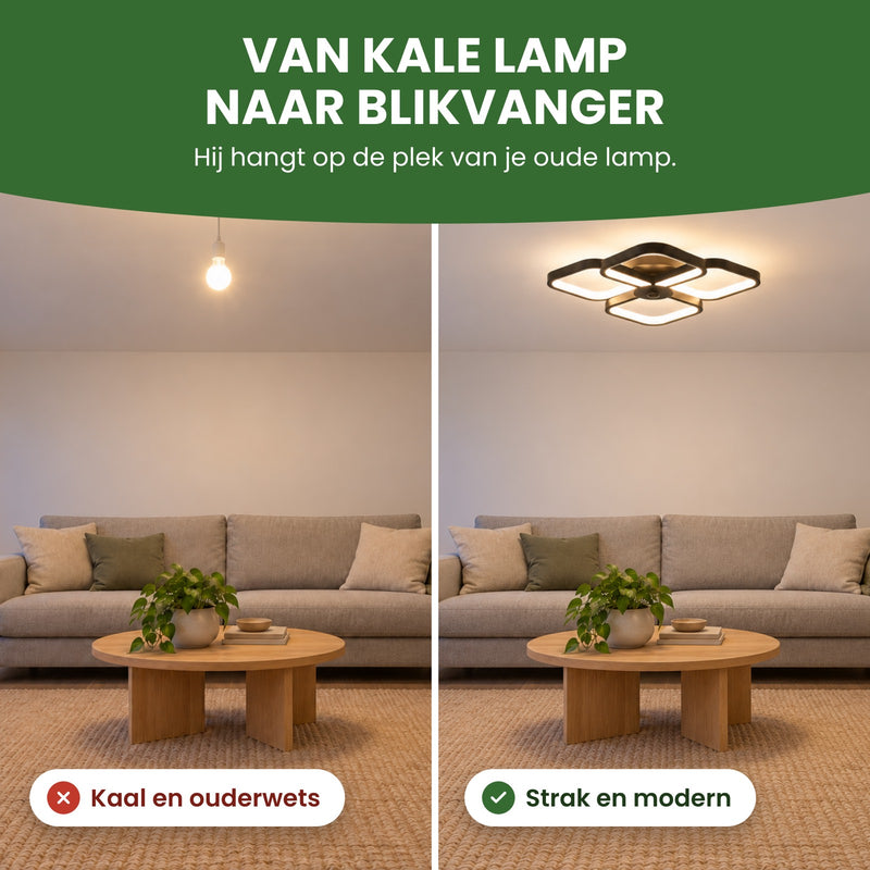 Woonkamer voor en na: links een kaal peertje aan het plafond, rechts op dezelfde plek de Quadrova: van kale lamp naar blikvanger