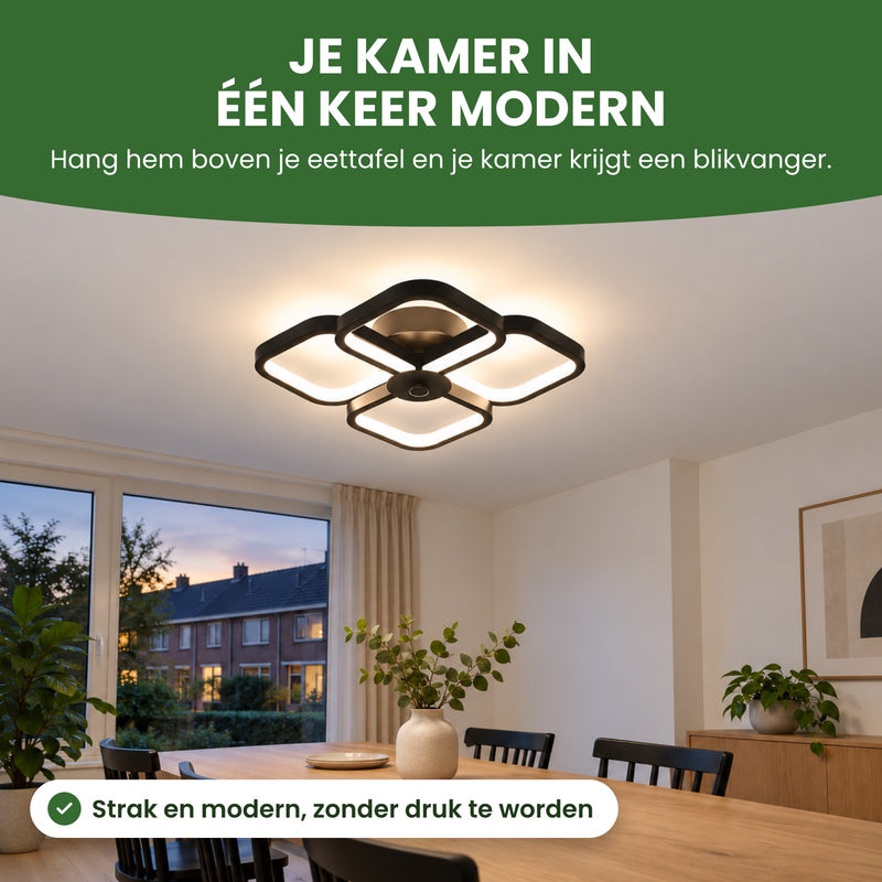 De Quadrova hangt boven een eiken eettafel: strak en modern, je kamer krijgt in één keer een blikvanger