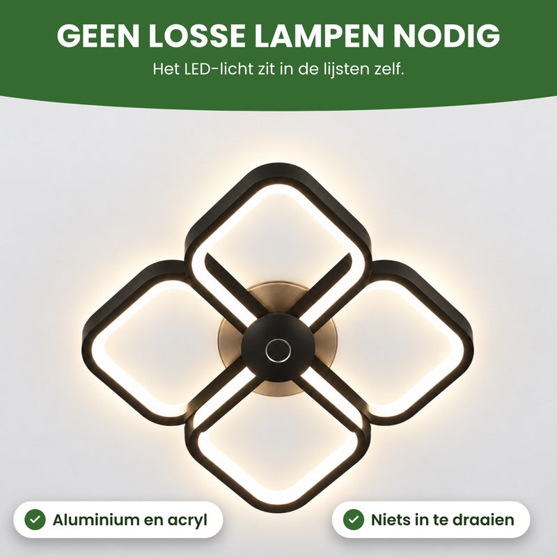 De Quadrova recht van onderen: het LED-licht zit in de vier lijsten van aluminium en acryl, geen losse lampen nodig