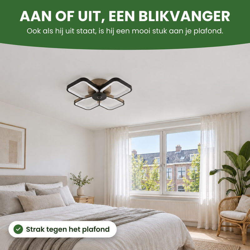 De Quadrova staat uit in een lichte slaapkamer overdag: ook als hij uit staat, is hij een mooi stuk aan je plafond