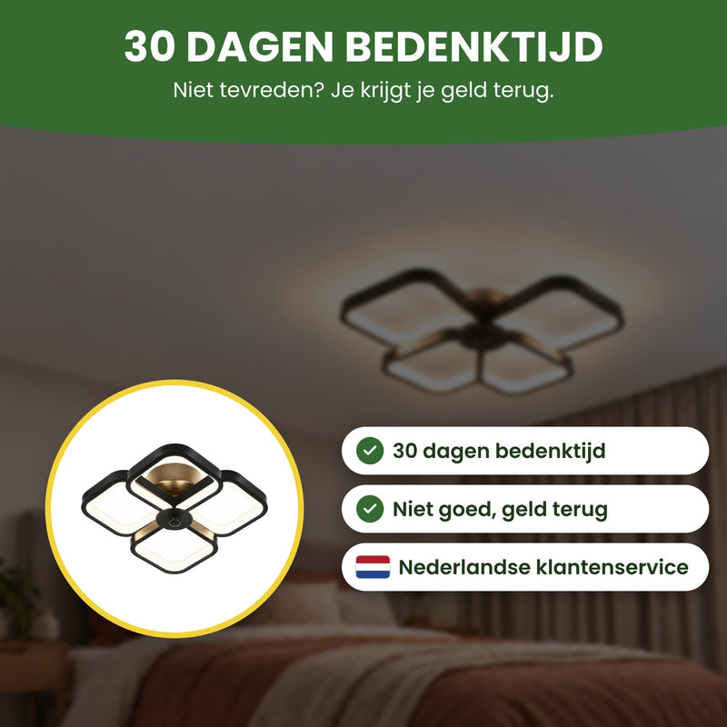 De Quadrova plafondlamp in een cirkel, met Nederlandse klantenservice: 30 dagen bedenktijd, niet goed geld terug