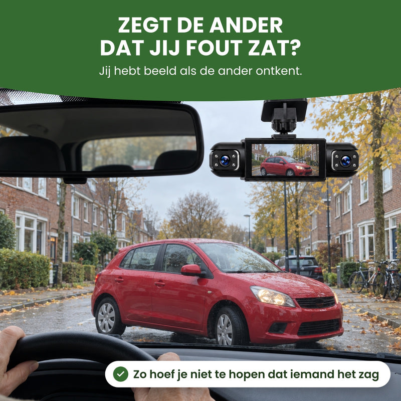 De QuadView 360 hangt naast de binnenspiegel en filmt de rode auto die schuin voor je staat: jij hebt beeld als de ander ontkent