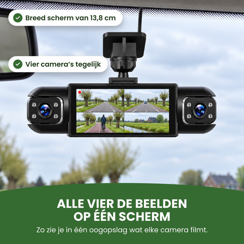 De QuadView 360 aan de voorruit op een polderweg, het brede scherm van 13,8 cm toont vier camerabeelden tegelijk