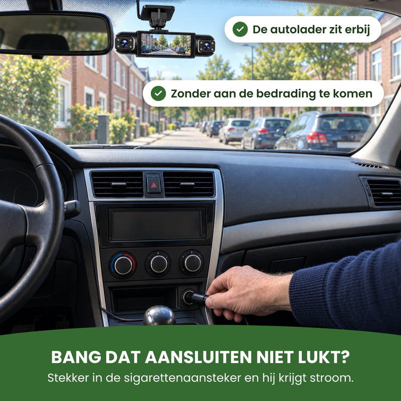 Een hand steekt de autolader van de QuadView 360 in de sigarettenaansteker: zelf aansluiten, zonder aan de bedrading te komen
