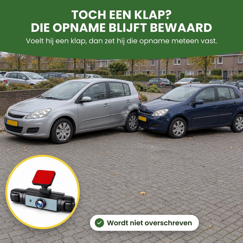 Twee auto’s raken elkaar op een parkeerplaats, met de QuadView 360 in een cirkel: voelt hij een klap, dan zet hij die opname vast