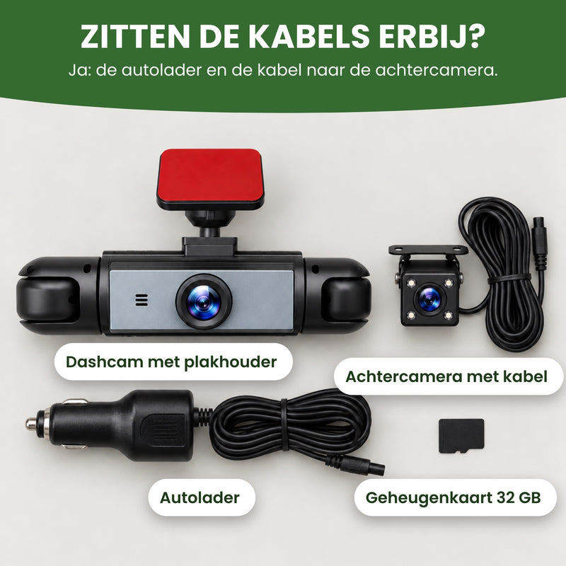 Wat erbij zit: de QuadView 360 dashcam met plakhouder, de achtercamera met kabel, de autolader en een geheugenkaart van 32 GB