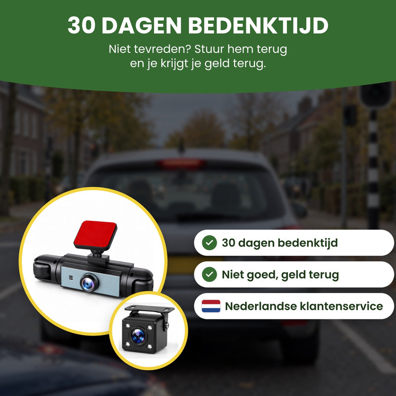 QuadView 360 dashcam met achtercamera: 30 dagen bedenktijd, niet goed geld terug en Nederlandse klantenservice
