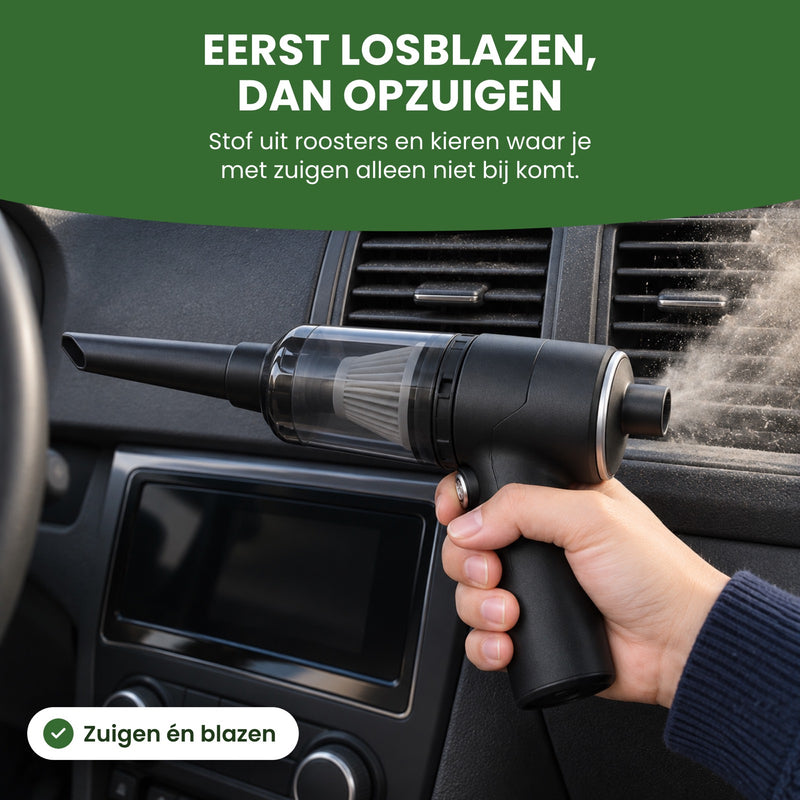 Quintix blaast stof uit een ventilatierooster in de auto: eerst losblazen, dan opzuigen